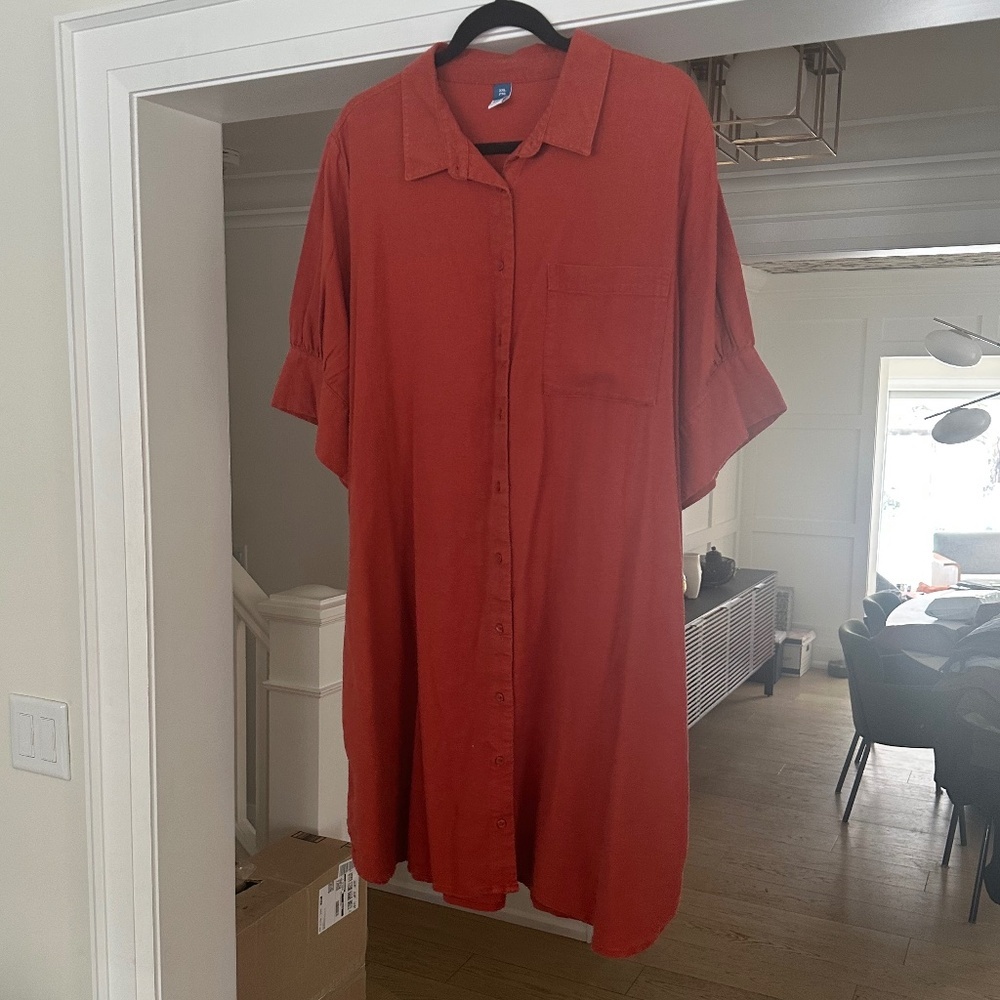 OLD NAVY - Burnt Red Linen Blend Short Sleeved Shirt Dress / Tunic - Picture 4 of 12